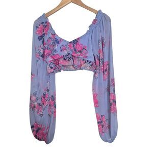 House of Harlow 1960 Blue Floral Smocked Ruched Crop Top Size Small